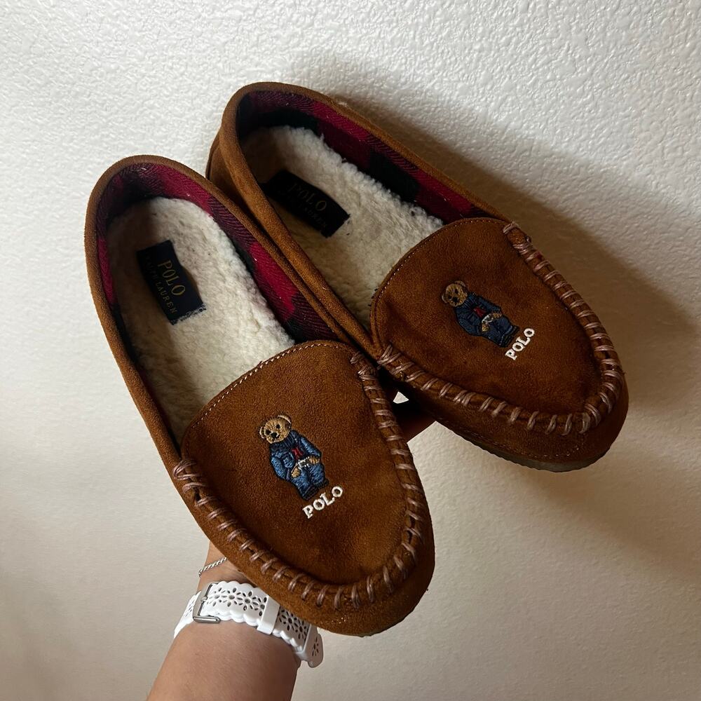 POLO Ralph Lauren Dezi V Bear Brown Suede Slippers WOMENS 8